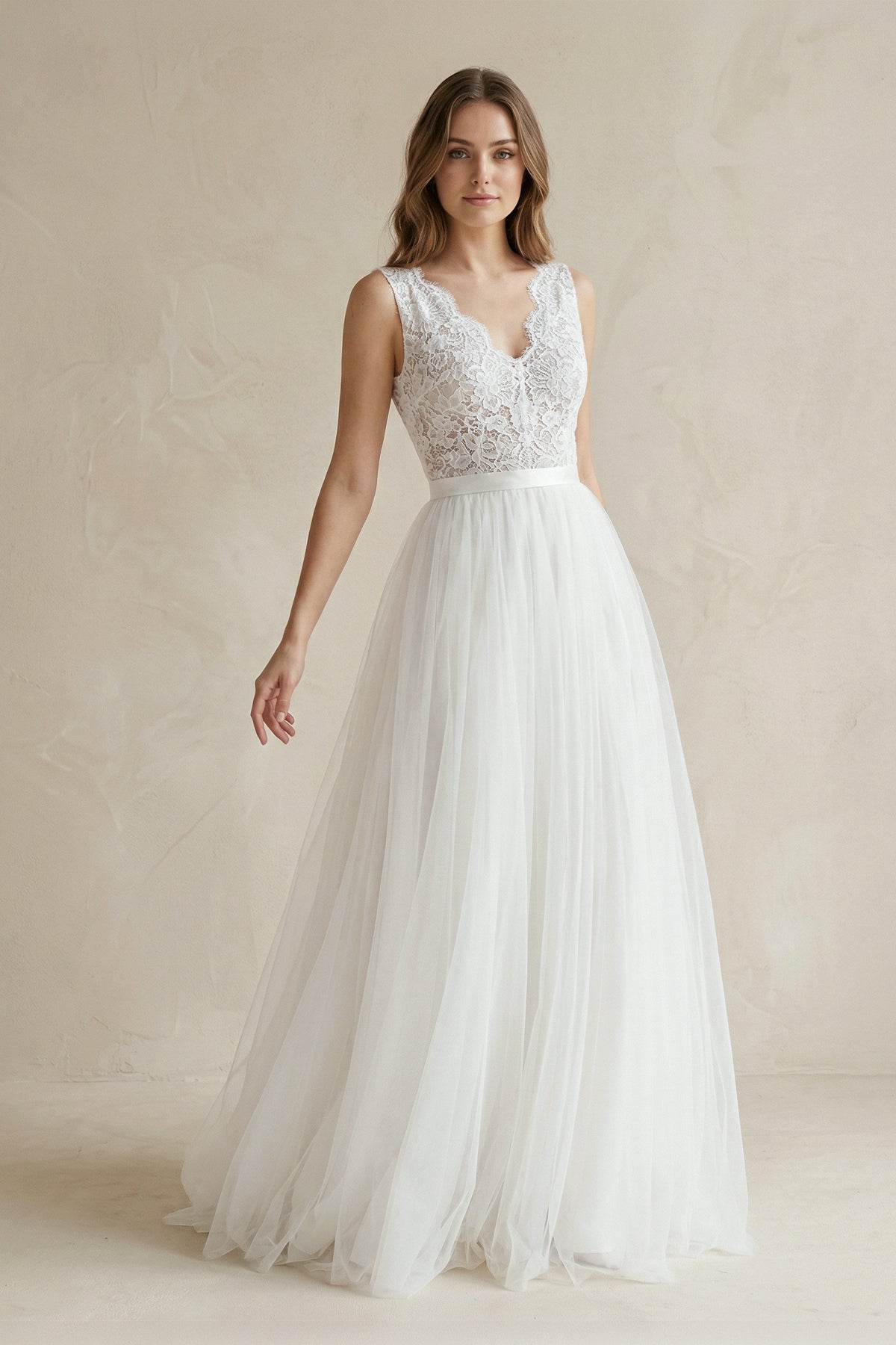 KissProm Rustic Boho Elegant A Line Tulle Lace V-neck Open Back Floor Length Sleeveless Wedding Dress, Diamond White / 8