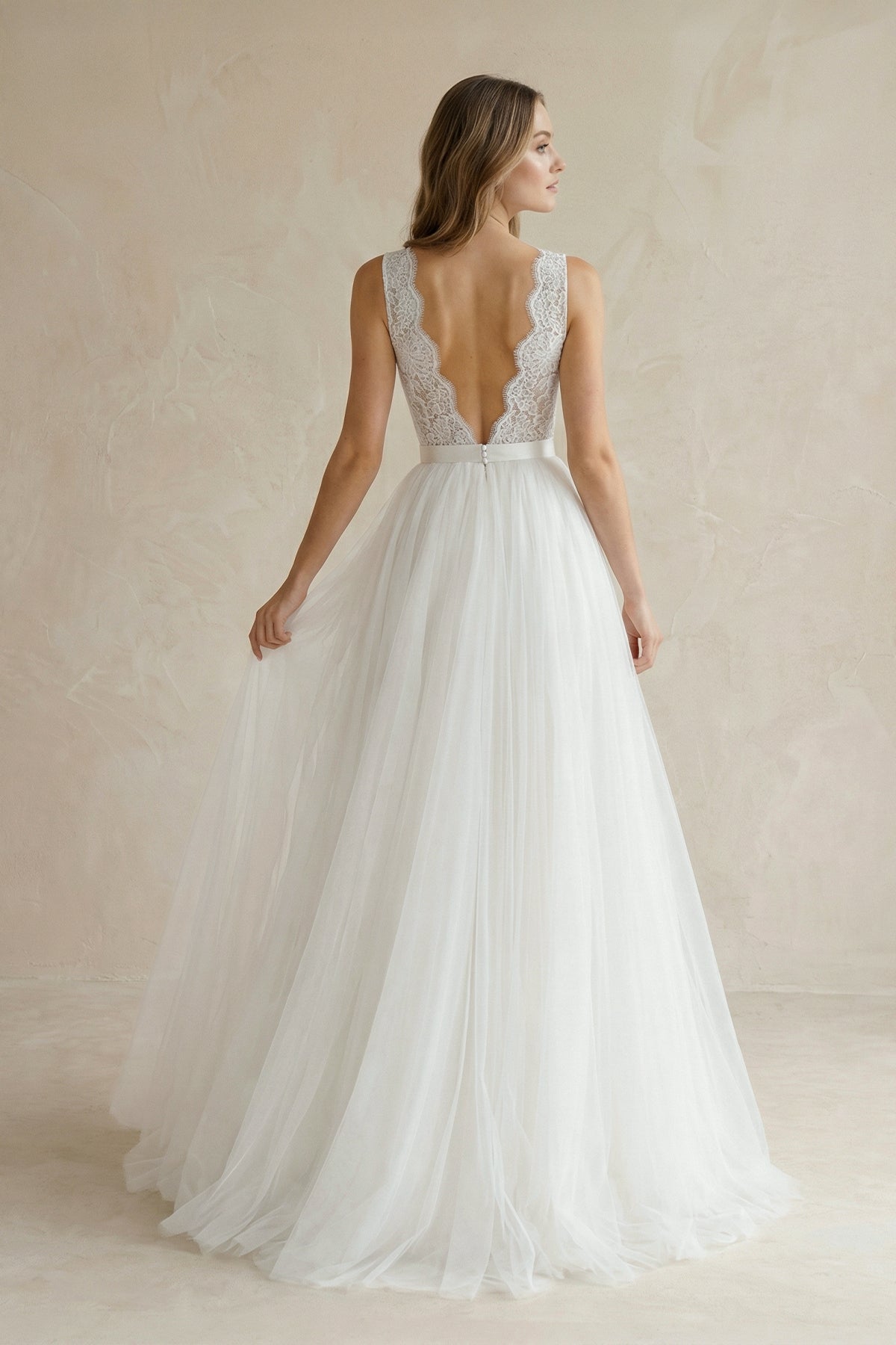KissProm Rustic Boho Elegant A Line Tulle Lace V-neck Open Back Floor Length Sleeveless Wedding Dress, Diamond White / 8