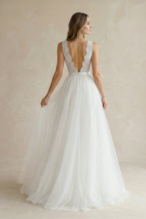 Rustic Boho Elegant A Line Tulle Lace V-neck Open Back Floor Length Sleeveless Wedding Dress-Wedding Dresses by KissProm | Available at KissProm