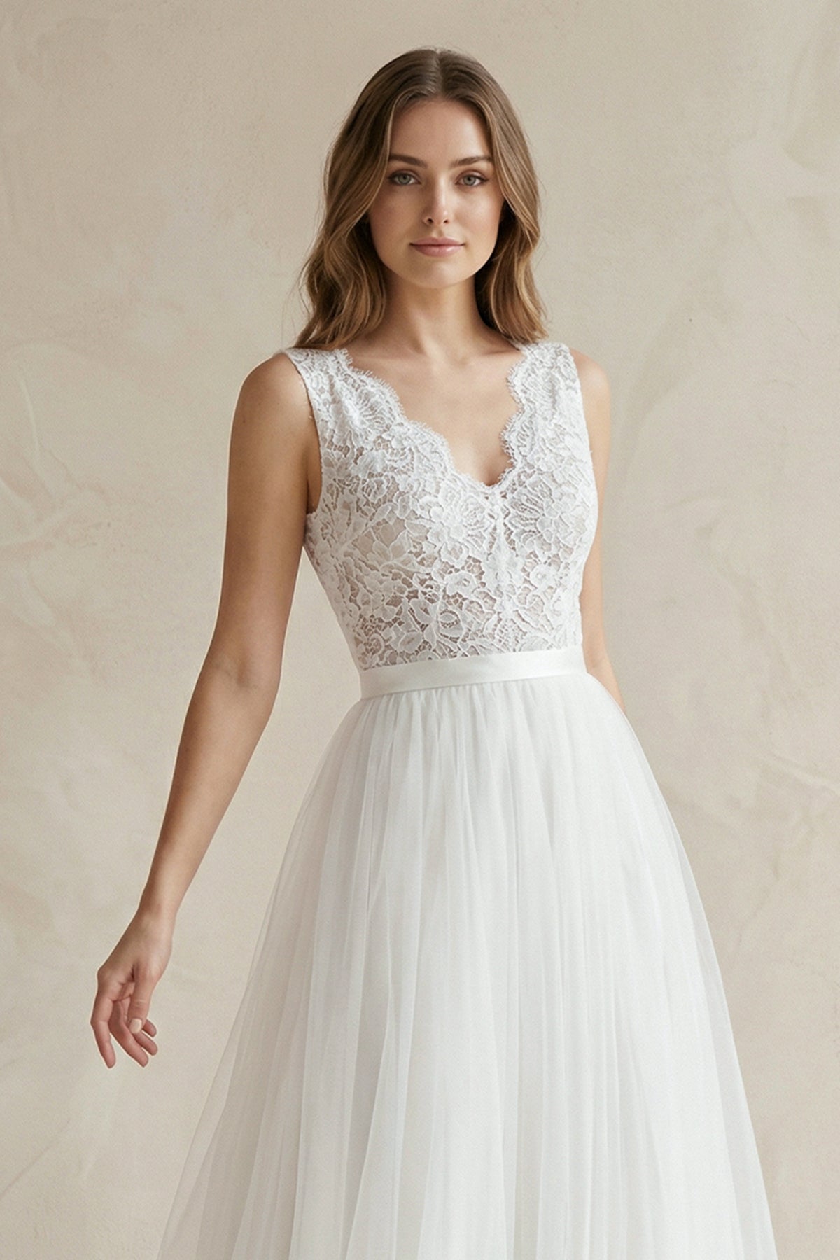 KissProm Rustic Boho Elegant A Line Tulle Lace V-neck Open Back Floor Length Sleeveless Wedding Dress, Diamond White / 8