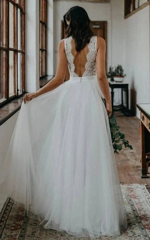 Rustic Boho Elegant A Line Tulle Lace V-Neck Open Back Floor Length Sleeveless Wedding Dress, Diamond White / 8