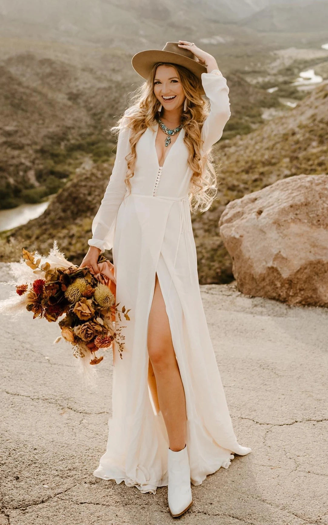Leilani | A-Line Sleeved Chiffon Wedding Dress with Sweep Train and Slit