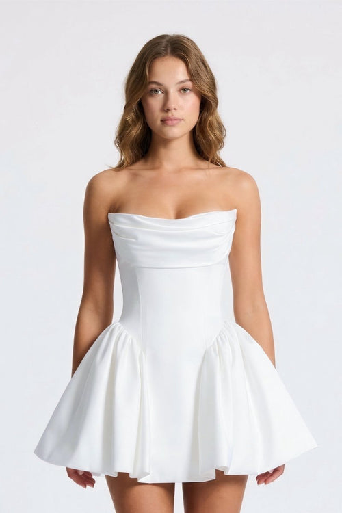 KissProm Cowl Neck A-Line Satin Graduation Dress With Corset, White / 8