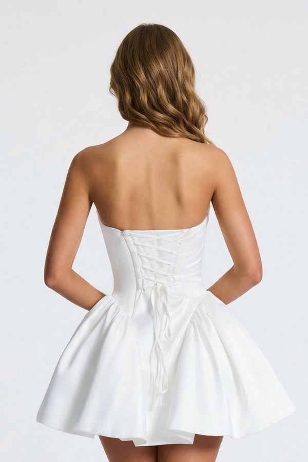KissProm Cowl Neck A-Line Satin Graduation Dress With Corset, White / 8