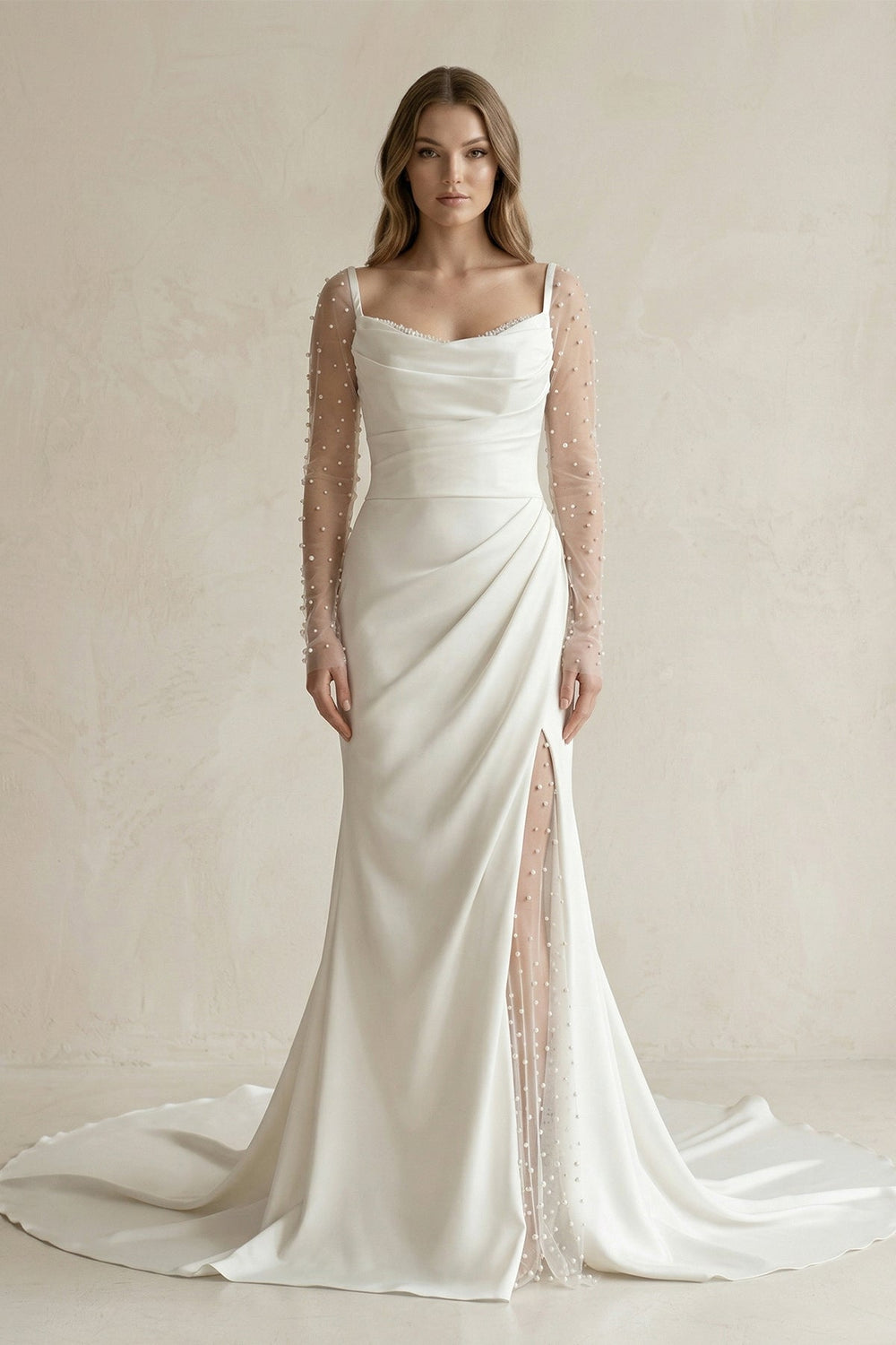 Cowl Neck Mermaid Ruched Satin Long Sleeves Wedding Dress With Slit in White - KissProm Wedding Dresses