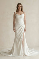 Cowl Neck Mermaid Ruched Satin Long Sleeves Wedding Dress With Slit in White - KissProm Wedding Dresses