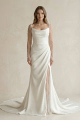 Cowl Neck Mermaid Ruched Satin Long Sleeves Wedding Dress With Slit in White - KissProm Wedding Dresses