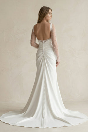 Cowl Neck Mermaid Ruched Satin Long Sleeves Wedding Dress With Slit in White - KissProm Wedding Dresses