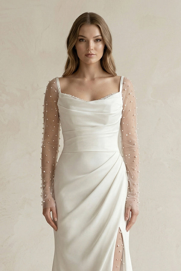 Cowl Neck Mermaid Ruched Satin Long Sleeves Wedding Dress With Slit in White - KissProm Wedding Dresses