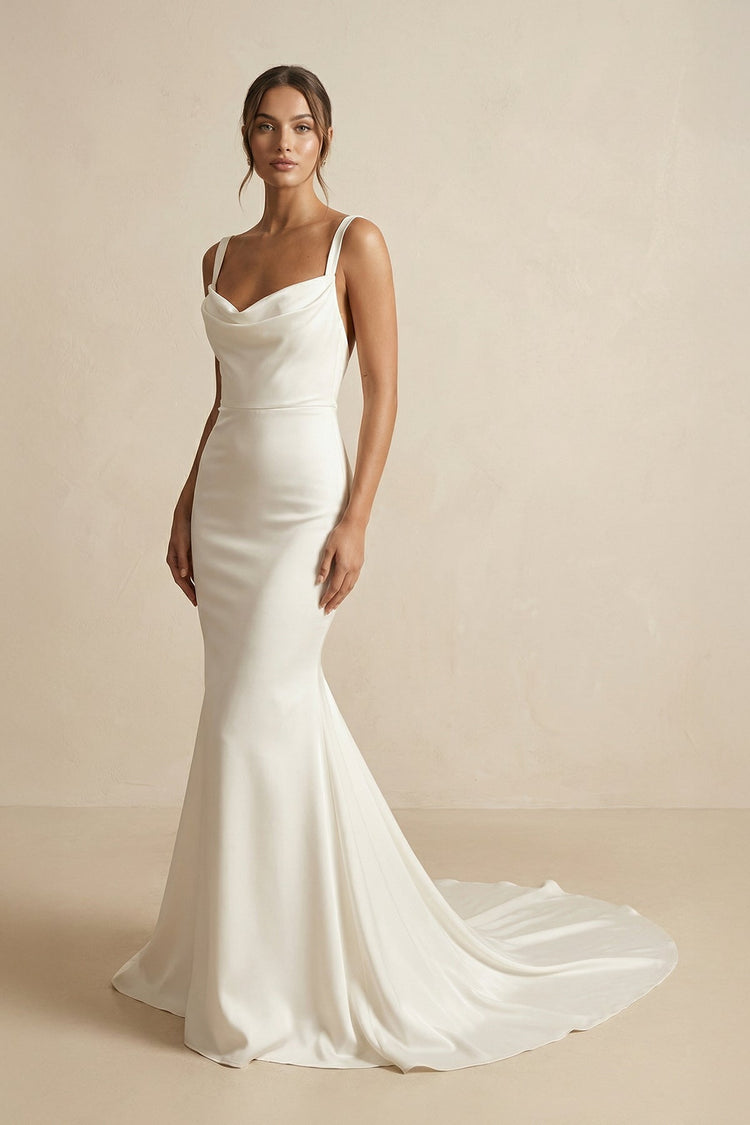 KissProm Cowl Neck Mermaid Satin Wedding Dress in Ivory, Ivory / 26