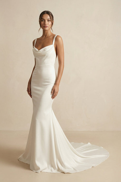 Cowl Neck Mermaid Satin Wedding Dress in Ivory - KissProm Wedding Dresses