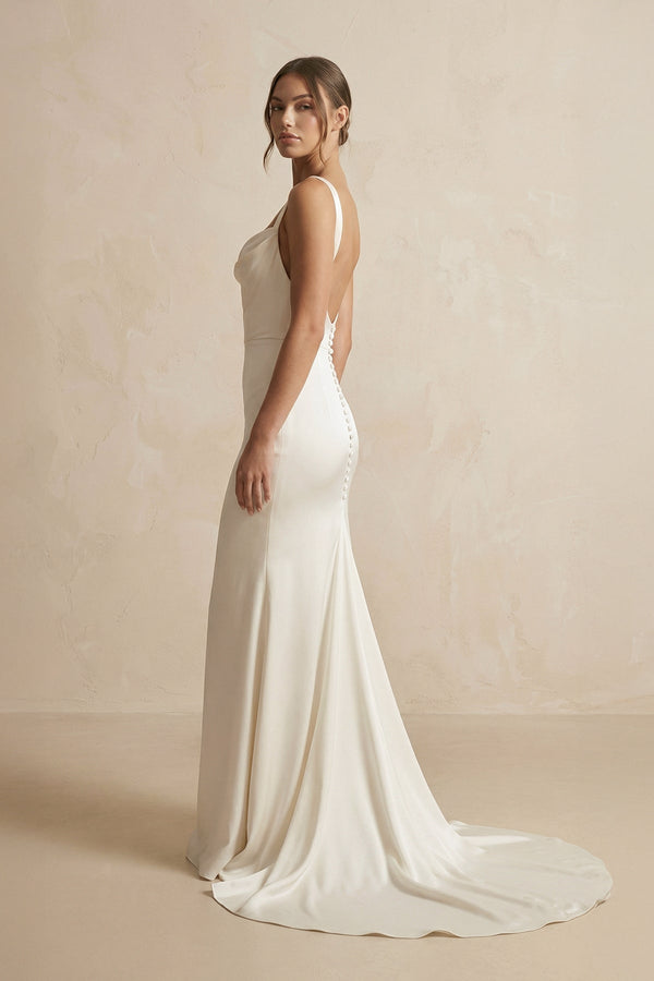 Cowl Neck Mermaid Satin Wedding Dress in Ivory - KissProm Wedding Dresses