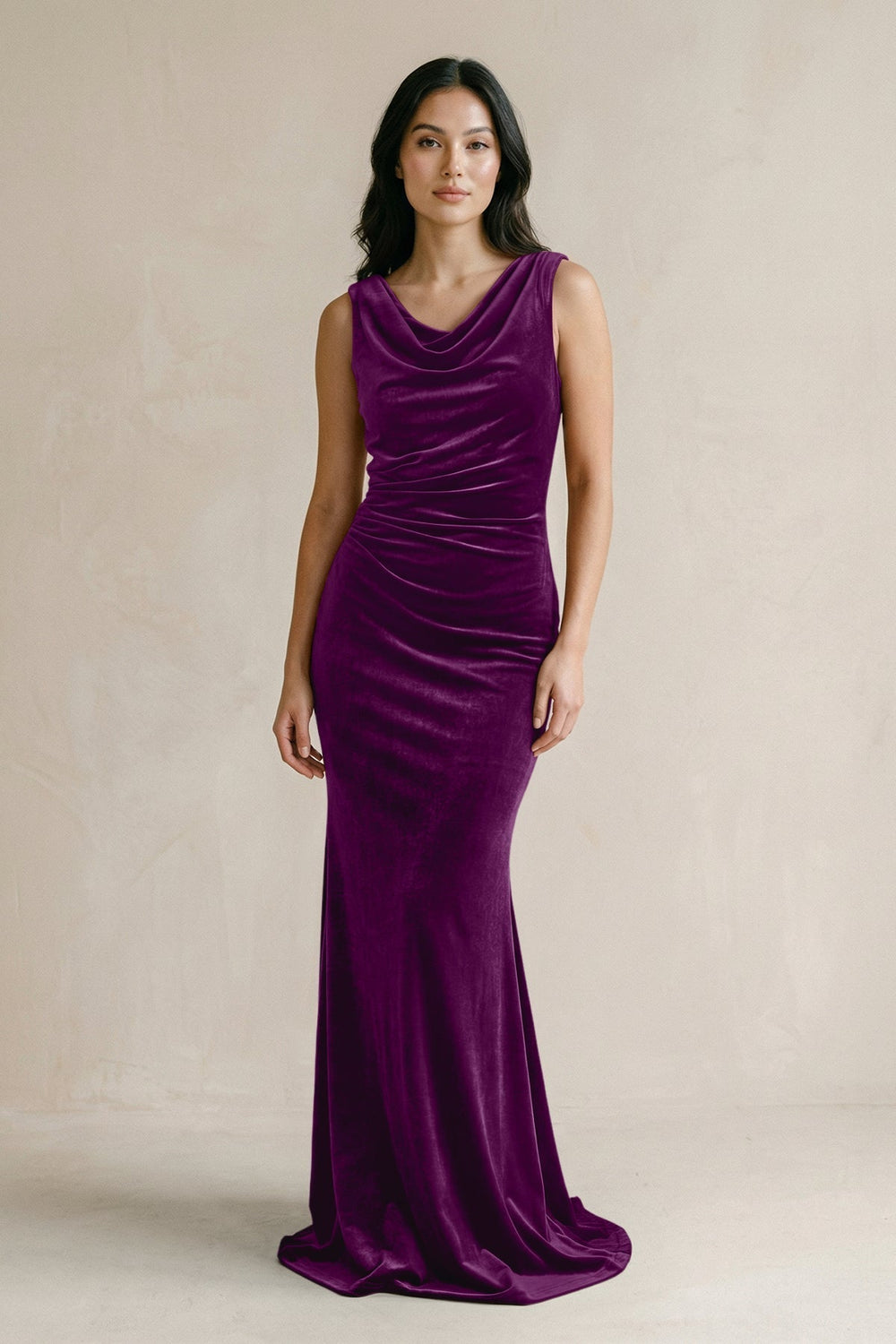 Cowl Neck Mermaid Velvet Bridesmaid Dress in Amethyst - KissProm Bridesmaid Dresses