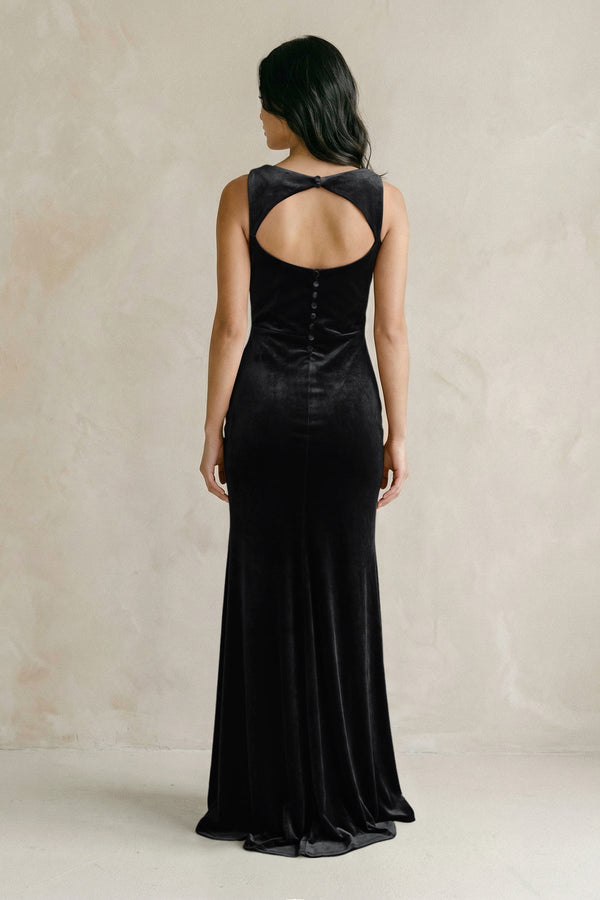 Cowl Neck Mermaid Velvet Bridesmaid Dress in Black - KissProm Bridesmaid Dresses