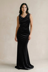 Cowl Neck Mermaid Velvet Bridesmaid Dress in Black - KissProm Bridesmaid Dresses