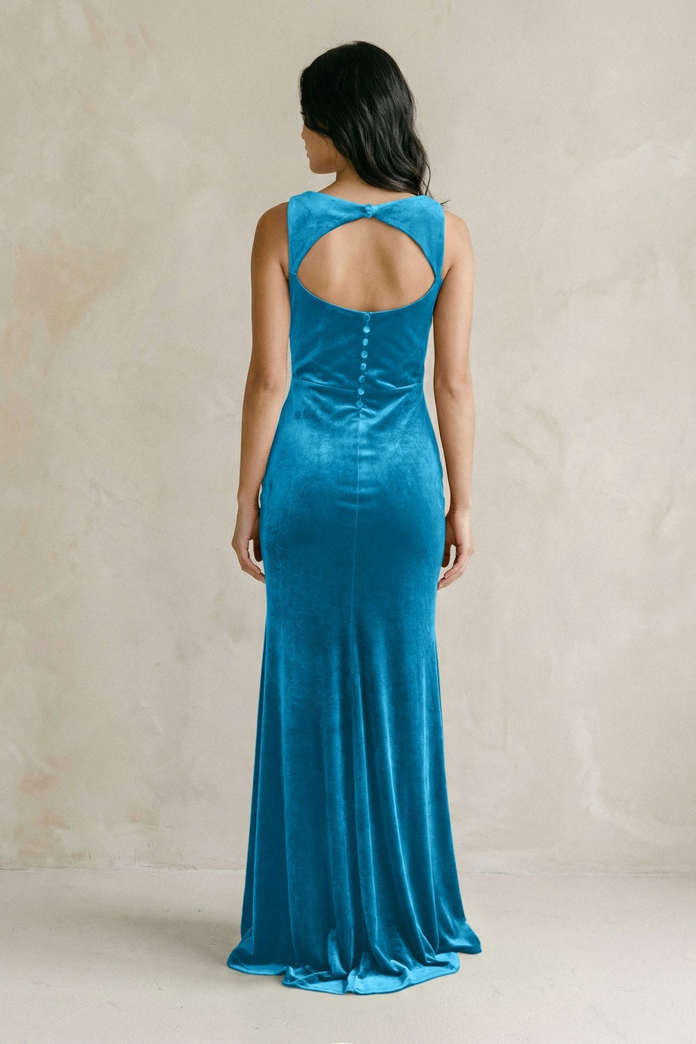 Cowl Neck Mermaid Velvet Bridesmaid Dress in Blue Jay - KissProm Bridesmaid Dresses