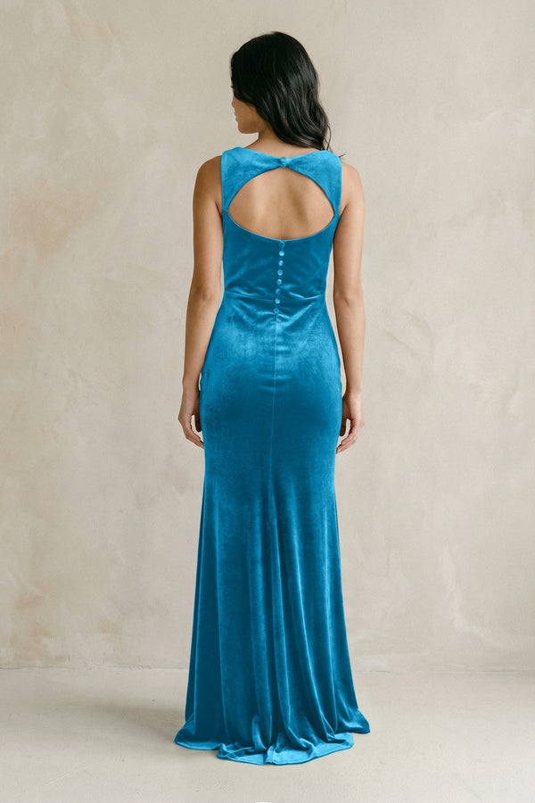 Cowl Neck Mermaid Velvet Bridesmaid Dress in Blue Jay - KissProm Bridesmaid Dresses
