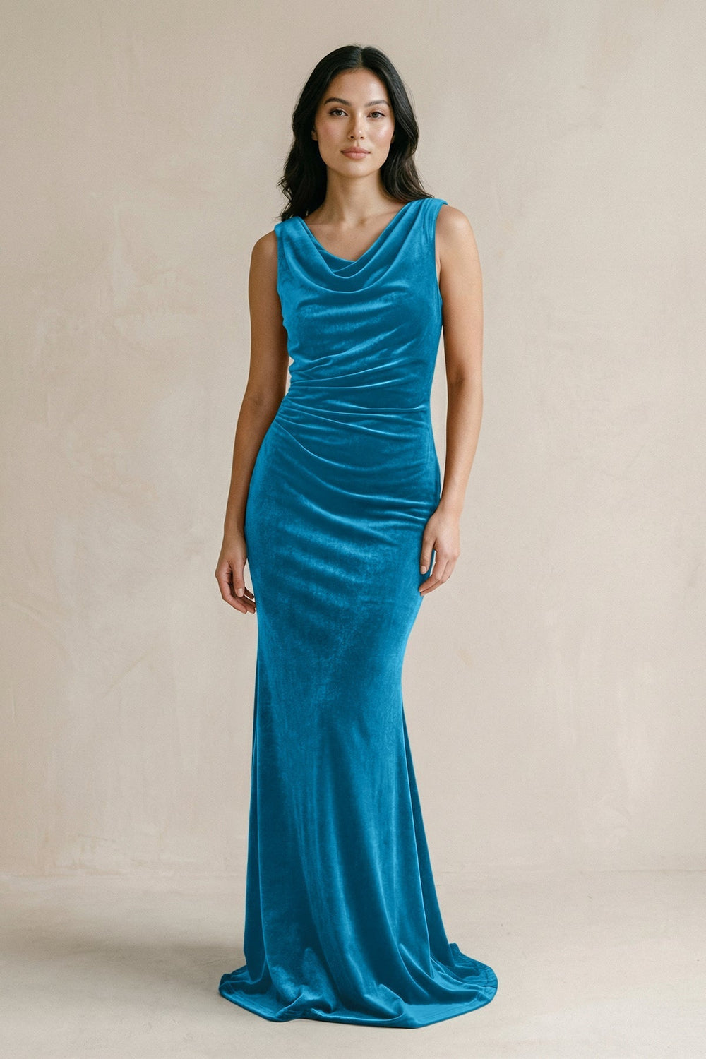 Cowl Neck Mermaid Velvet Bridesmaid Dress in Blue Jay - KissProm Bridesmaid Dresses