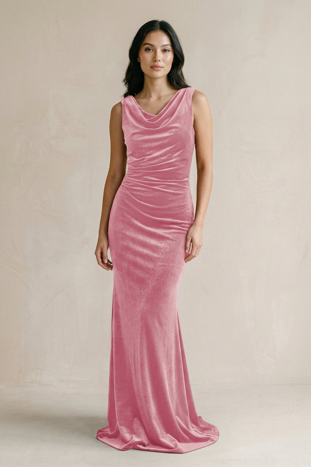 Cowl Neck Mermaid Velvet Bridesmaid Dress in Blush Pink - KissProm Bridesmaid Dresses