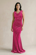 Cowl Neck Mermaid Velvet Bridesmaid Dress in Bon Bon Pink - KissProm Bridesmaid Dresses