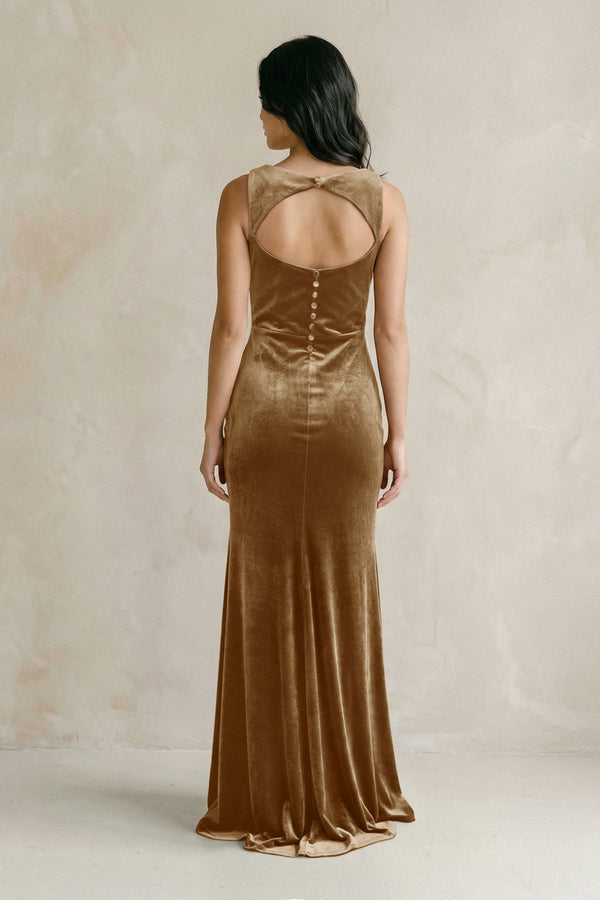 Cowl Neck Mermaid Velvet Bridesmaid Dress in Bronzer - KissProm Bridesmaid Dresses