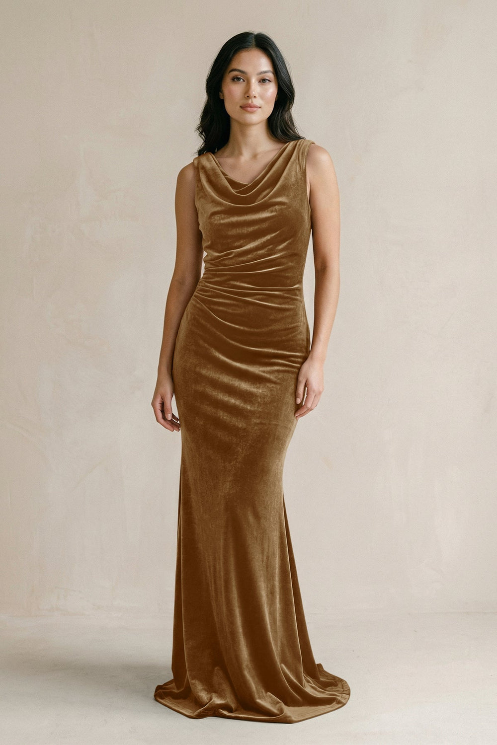 Cowl Neck Mermaid Velvet Bridesmaid Dress in Bronzer - KissProm Bridesmaid Dresses