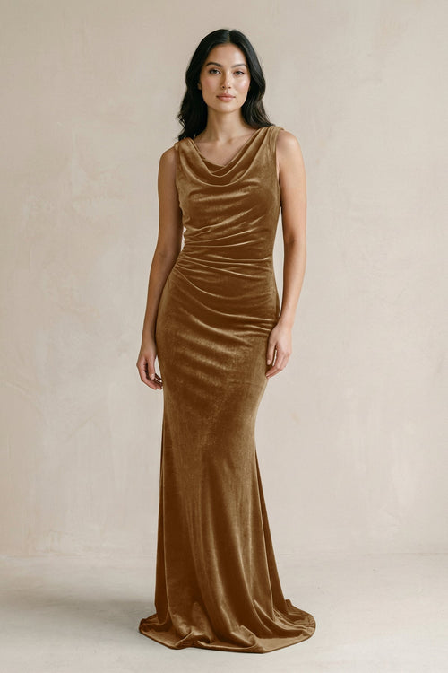 Cowl Neck Mermaid Velvet Bridesmaid Dress in Bronzer - KissProm Bridesmaid Dresses