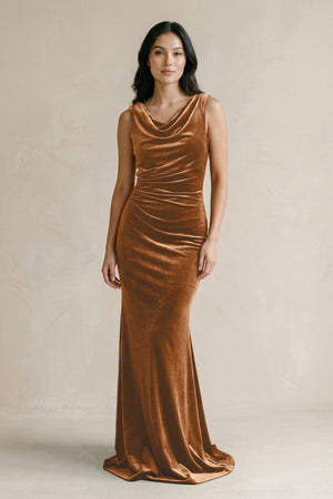Cowl Neck Mermaid Velvet Bridesmaid Dress in Brown - KissProm Bridesmaid Dresses