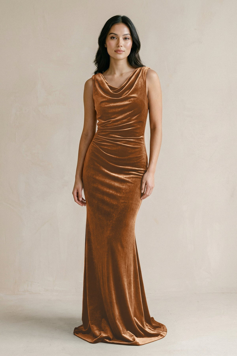 Cowl Neck Mermaid Velvet Bridesmaid Dress in Brown - KissProm Bridesmaid Dresses