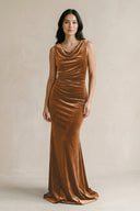 Cowl Neck Mermaid Velvet Bridesmaid Dress in Brown - KissProm Bridesmaid Dresses