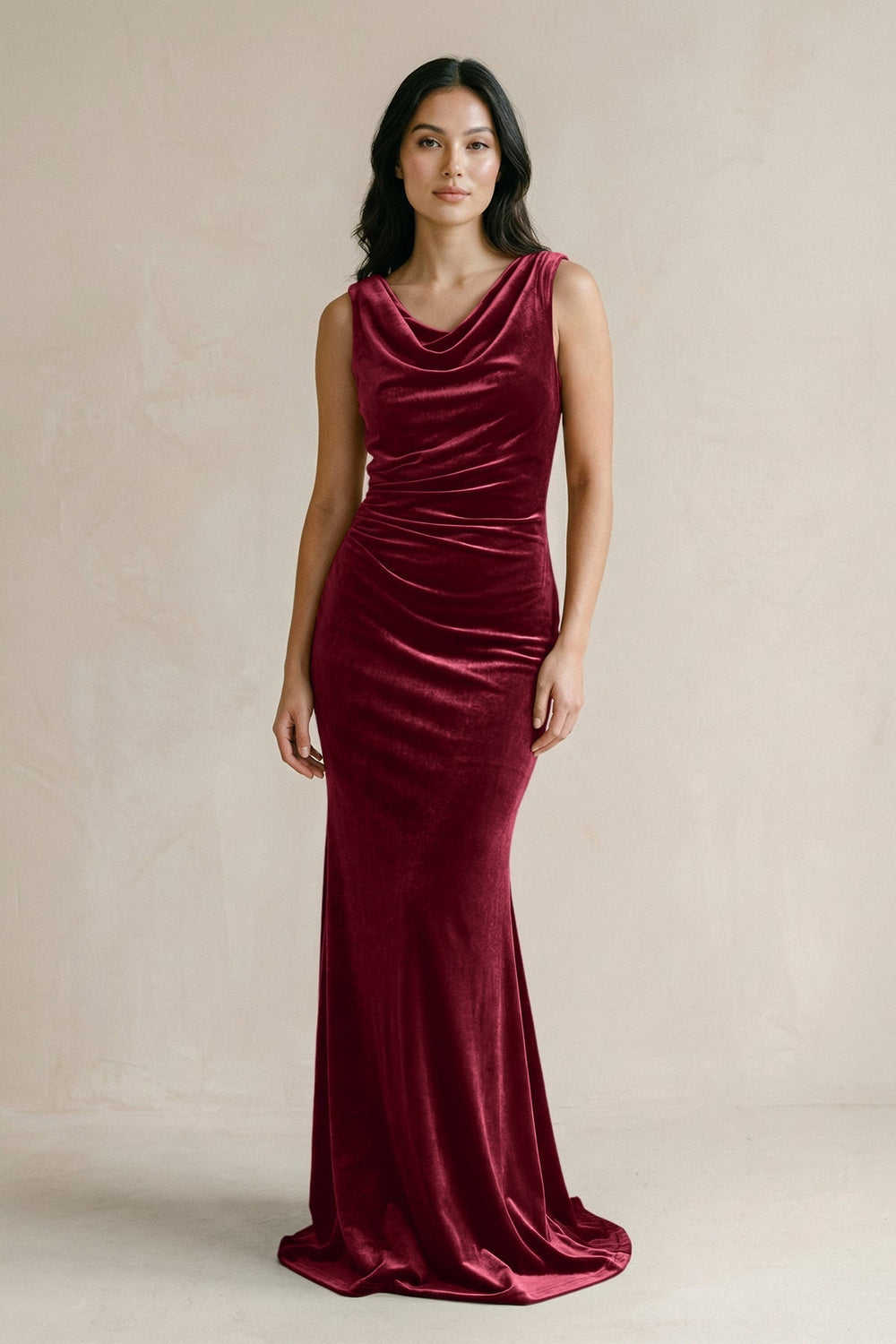 Cowl Neck Mermaid Velvet Bridesmaid Dress in Burgundy - KissProm Bridesmaid Dresses