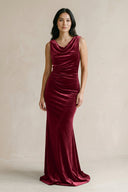 Cowl Neck Mermaid Velvet Bridesmaid Dress in Burgundy - KissProm Bridesmaid Dresses