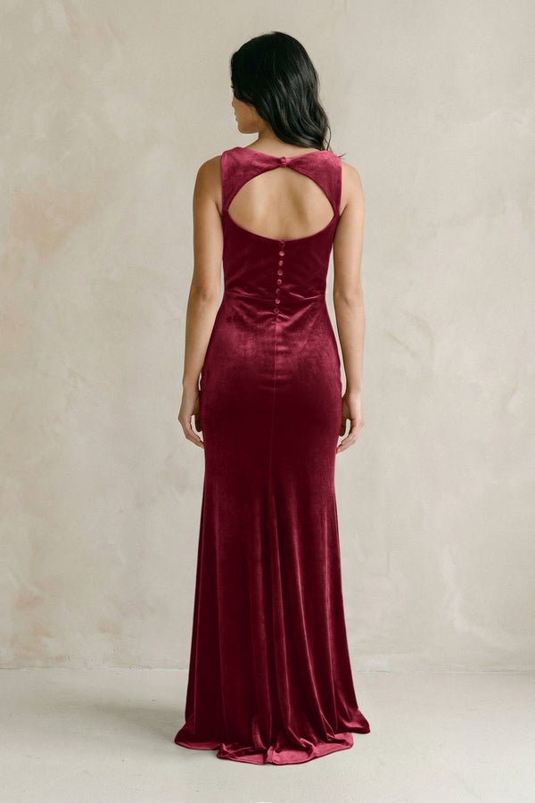 Cowl Neck Mermaid Velvet Bridesmaid Dress in Burgundy - KissProm Bridesmaid Dresses