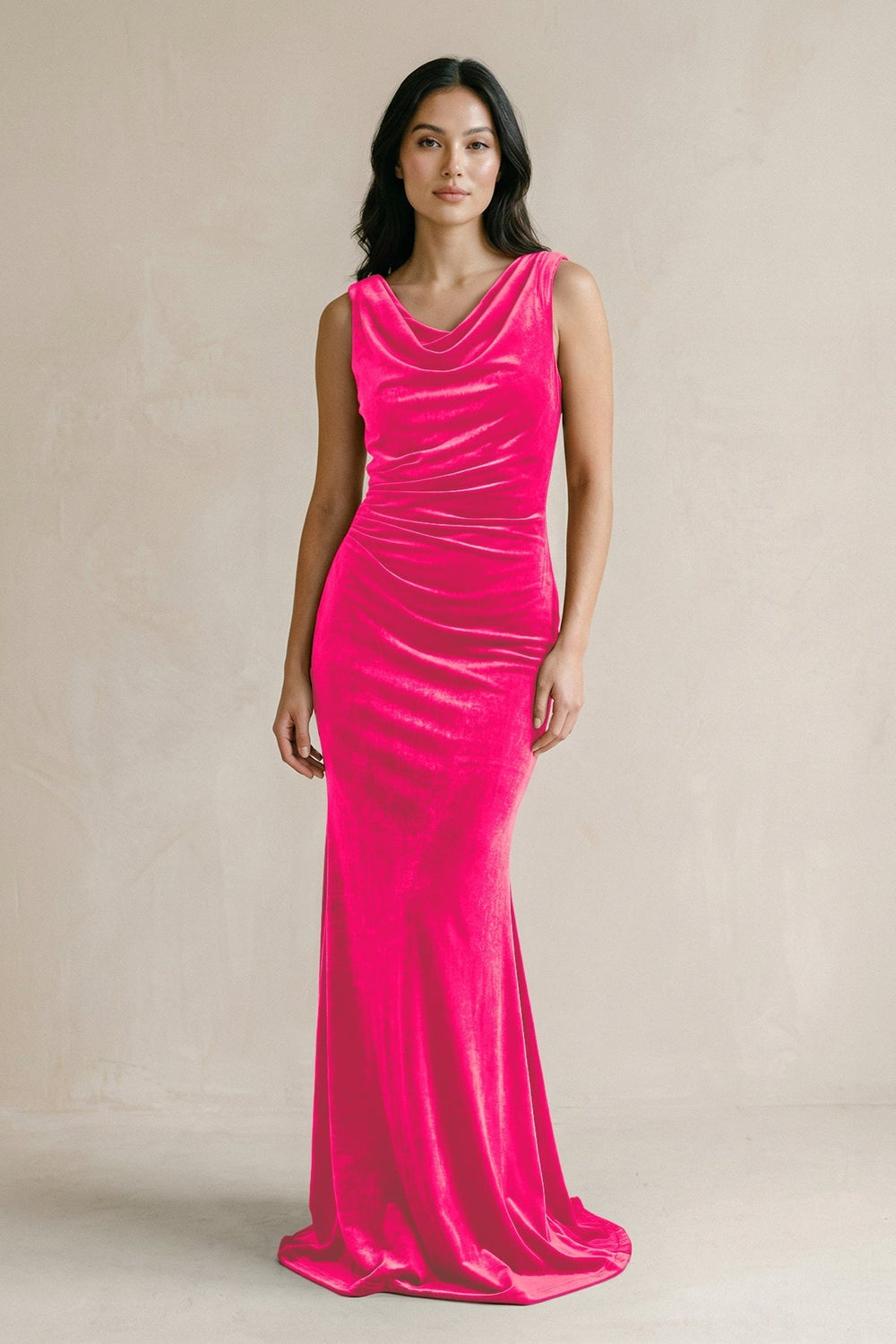 Cowl Neck Mermaid Velvet Bridesmaid Dress in Candy Pink - KissProm Bridesmaid Dresses