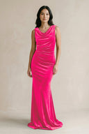Cowl Neck Mermaid Velvet Bridesmaid Dress in Candy Pink - KissProm Bridesmaid Dresses