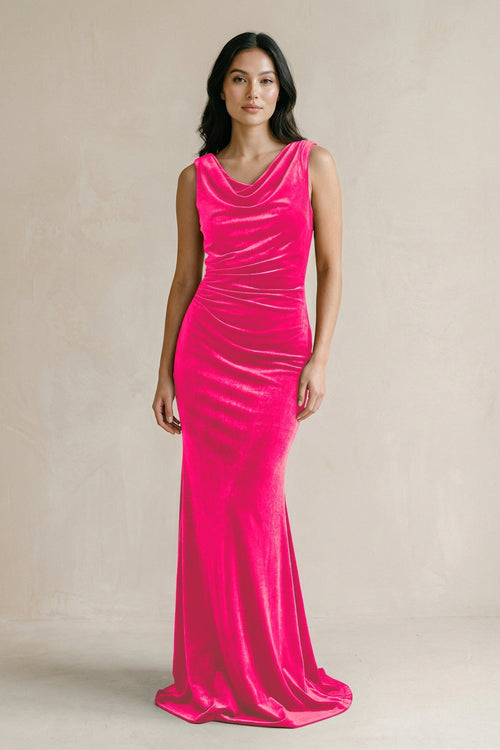 Cowl Neck Mermaid Velvet Bridesmaid Dress in Candy Pink - KissProm Bridesmaid Dresses