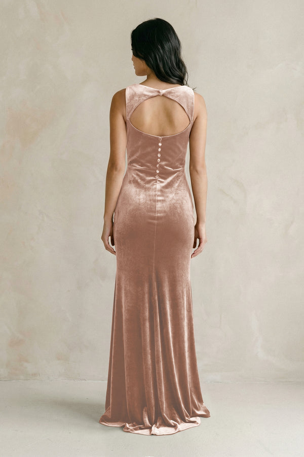 Cowl Neck Mermaid Velvet Bridesmaid Dress in Champagne Rose - KissProm Bridesmaid Dresses
