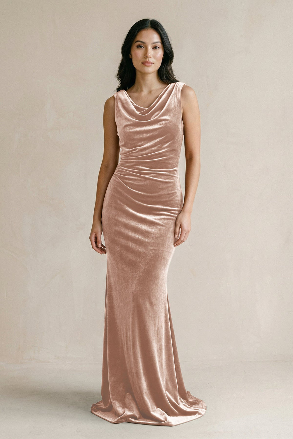Cowl Neck Mermaid Velvet Bridesmaid Dress in Champagne Rose - KissProm Bridesmaid Dresses