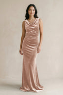 Cowl Neck Mermaid Velvet Bridesmaid Dress in Champagne Rose - KissProm Bridesmaid Dresses