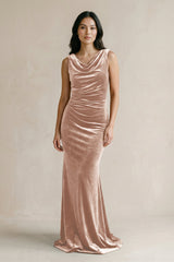 Cowl Neck Mermaid Velvet Bridesmaid Dress in Champagne Rose - KissProm Bridesmaid Dresses