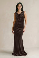 Cowl Neck Mermaid Velvet Bridesmaid Dress in Chocolate - KissProm Bridesmaid Dresses