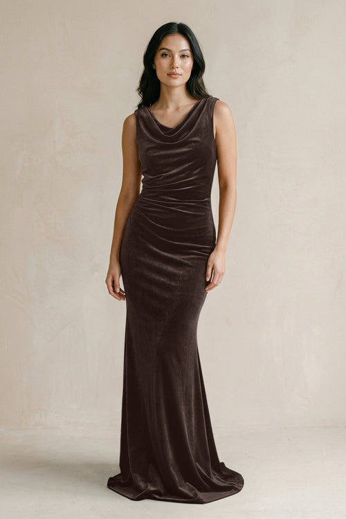 Cowl Neck Mermaid Velvet Bridesmaid Dress in Chocolate - KissProm Bridesmaid Dresses