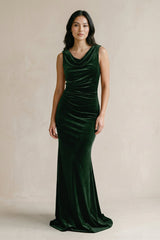 Cowl Neck Mermaid Velvet Bridesmaid Dress in Dark Green - KissProm Bridesmaid Dresses
