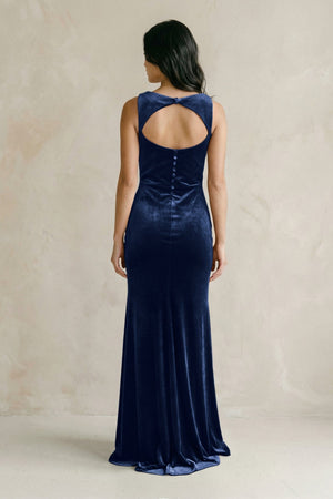 Cowl Neck Mermaid Velvet Bridesmaid Dress in Dark Navy - KissProm Bridesmaid Dresses