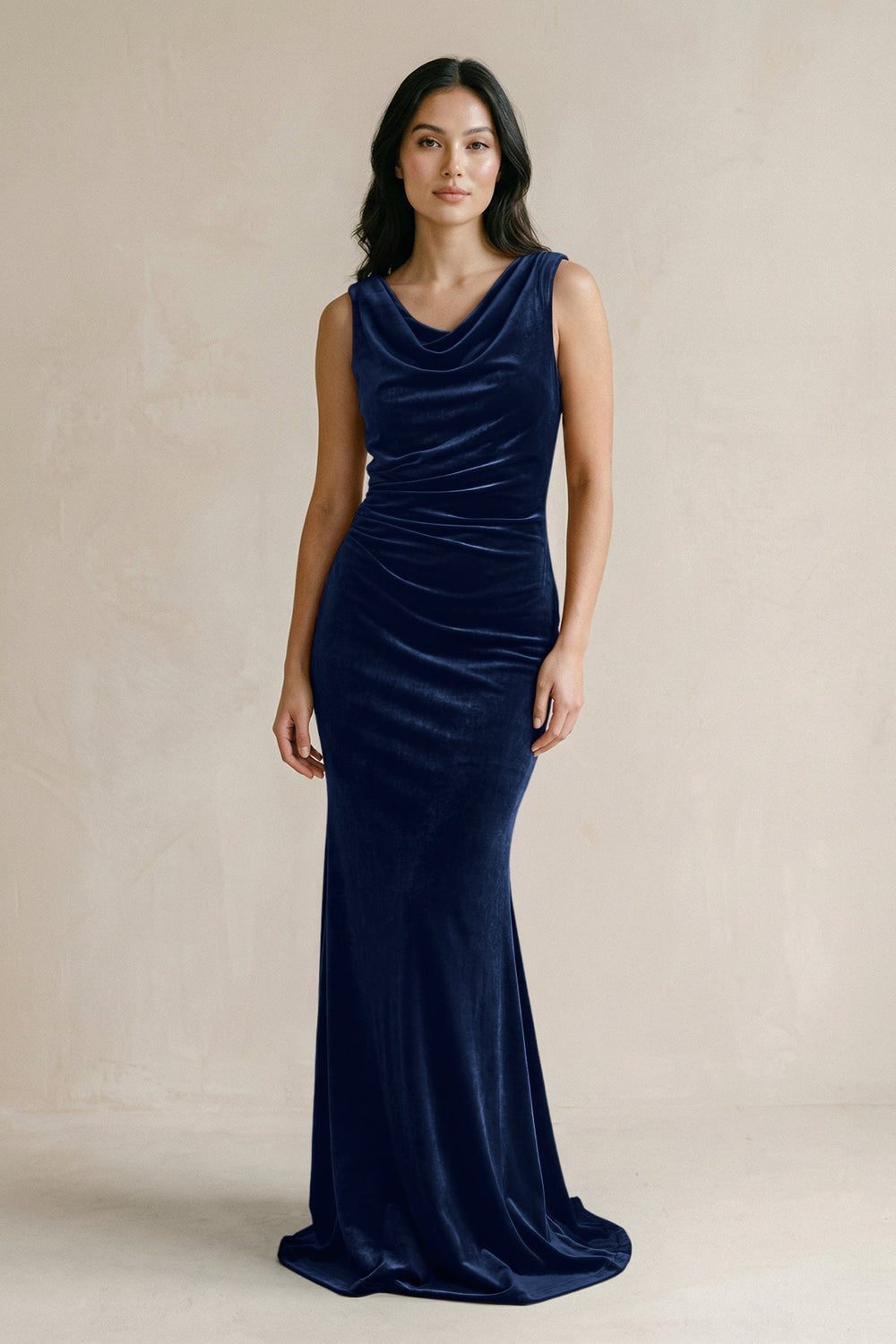 Cowl Neck Mermaid Velvet Bridesmaid Dress in Dark Navy - KissProm Bridesmaid Dresses