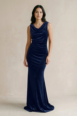Cowl Neck Mermaid Velvet Bridesmaid Dress in Dark Navy - KissProm Bridesmaid Dresses