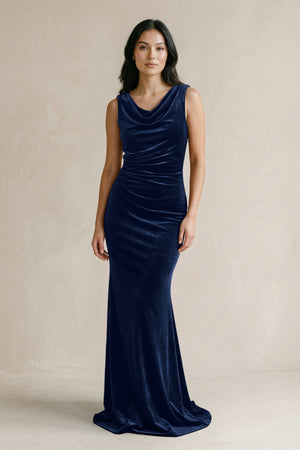 Cowl Neck Mermaid Velvet Bridesmaid Dress in Dark Navy - KissProm Bridesmaid Dresses