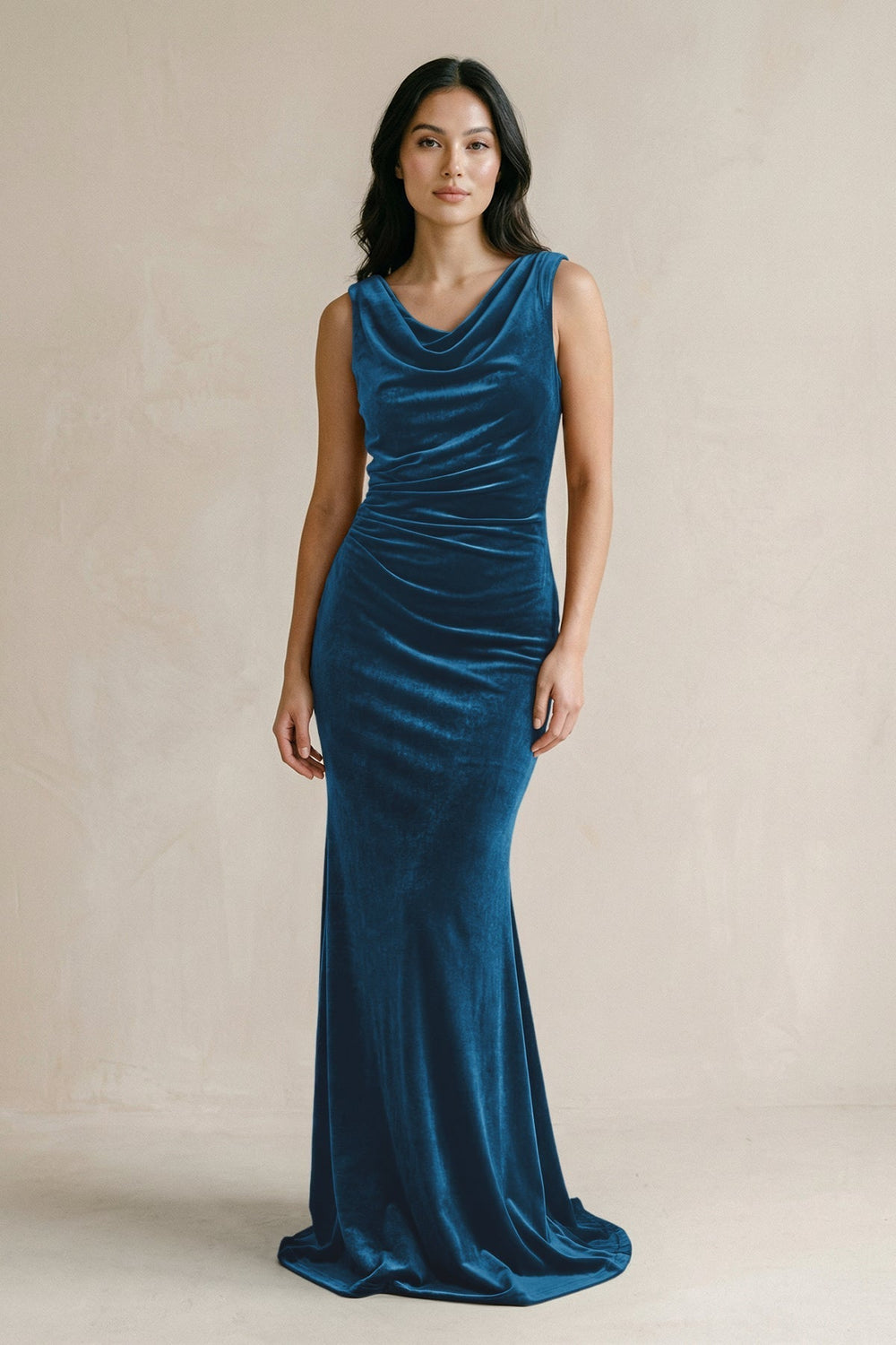 Cowl Neck Mermaid Velvet Bridesmaid Dress in Dark Teal - KissProm Bridesmaid Dresses