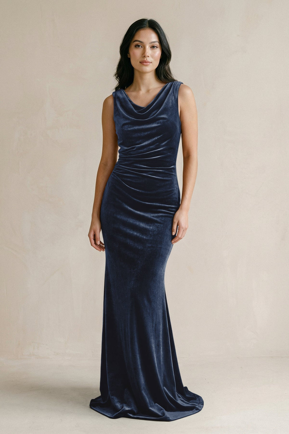 Cowl Neck Mermaid Velvet Bridesmaid Dress in Dusk Blue - KissProm Bridesmaid Dresses