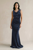 Cowl Neck Mermaid Velvet Bridesmaid Dress in Dusk Blue - KissProm Bridesmaid Dresses